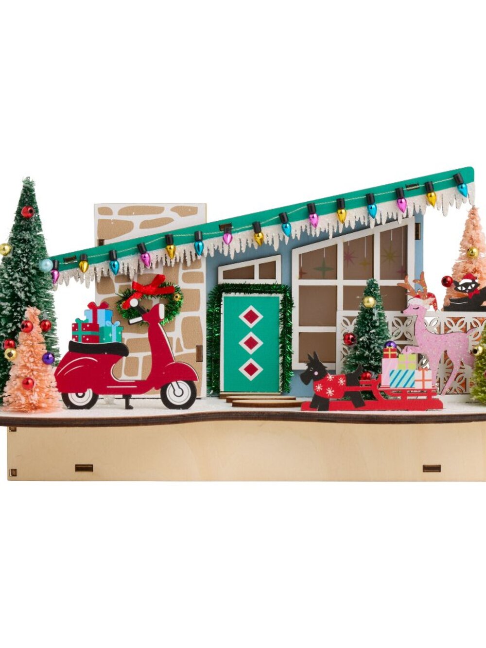 Christmas Laser Cut Wood Mid-Century Scooter House w/ LED lights with Timer NIB